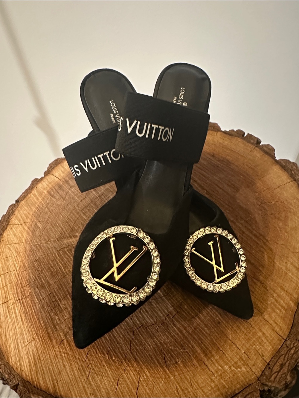 Louis Vuitton Black Suede Pointed Mules with Gold LV Medallions